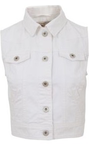 White Sleeveless Denim Jacket - pattern: plain; sleeve style: sleeveless; length: cropped; style: denim; fit: slim fit; predominant colour: white; occasions: casual, holiday; fibres: cotton - 100%; collar: shirt collar/peter pan/zip with opening; sleeve length: sleeveless; texture group: denim; collar break: high/illusion of break when open; pattern type: fabric