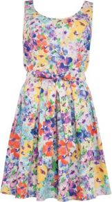Blue Floral Sleeveless Skater Dress - length: mid thigh; sleeve style: sleeveless; waist detail: fitted waist; back detail: low cut/open back; occasions: casual, evening; fit: fitted at waist & bust; style: fit & flare; neckline: scoop; fibres: cotton - stretch; hip detail: soft pleats at hip/draping at hip/flared at hip; predominant colour: multicoloured; sleeve length: sleeveless; trends: high impact florals; pattern type: fabric; pattern size: big & busy; pattern: florals; texture group: jersey - stretchy/drapey