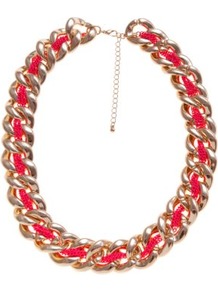 Gold And Pink Neon Thread Chunky Chain Necklace - secondary colour: hot pink; predominant colour: gold; occasions: casual, evening, holiday; style: standard; length: mid; size: large/oversized; material: chain/metal; trends: fluorescent, metallics; finish: plain; embellishment: chain/metal