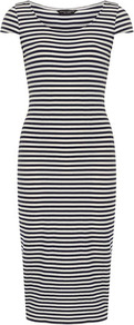 Ink And Ivory Midi Tube Dress - length: calf length; neckline: round neck; sleeve style: capped; fit: tight; pattern: horizontal stripes; style: bodycon; secondary colour: white; predominant colour: navy; occasions: casual, evening; fibres: viscose/rayon - stretch; sleeve length: sleeveless; texture group: jersey - clingy; pattern type: fabric; pattern size: standard