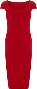 Red Cap Sleeve Midi Tube Dress - length: below the knee; neckline: round neck; sleeve style: capped; fit: tight; pattern: plain; style: bodycon; predominant colour: true red; occasions: casual, evening, occasion; fibres: polyester/polyamide - stretch; sleeve length: short sleeve; pattern type: fabric; texture group: jersey - stretchy/drapey