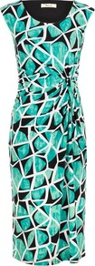 Tropical Abstract Jersey Dress - style: shift; length: below the knee; neckline: round neck; sleeve style: sleeveless; waist detail: twist front waist detail/nipped in at waist on one side/soft pleats/draping/ruching/gathering waist detail; predominant colour: emerald green; secondary colour: black; occasions: casual, occasion; fit: body skimming; fibres: polyester/polyamide - stretch; sleeve length: sleeveless; trends: statement prints, modern geometrics; pattern type: fabric; pattern size: big & busy; pattern: patterned/print; texture group: jersey - stretchy/drapey