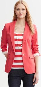 Coral Sateen One Button Blazer - pattern: plain; style: single breasted blazer; length: below the bottom; collar: standard lapel/rever collar; predominant colour: coral; occasions: casual, work; fit: tailored/fitted; fibres: cotton - stretch; back detail: back vent/flap at back; sleeve length: long sleeve; sleeve style: standard; texture group: structured shiny - satin/tafetta/silk etc.; collar break: low/open; pattern type: fabric
