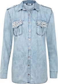 Embellished Pocket Shirt - neckline: shirt collar/peter pan/zip with opening; pattern: plain; shoulder detail: obvious epaulette; style: shirt; bust detail: buttons at bust (in middle at breastbone)/zip detail at bust; secondary colour: white; predominant colour: denim; occasions: casual, evening, holiday; length: standard; fibres: cotton - 100%; fit: straight cut; sleeve length: long sleeve; sleeve style: standard; texture group: denim; trends: metallics; pattern type: fabric; embellishment: crystals