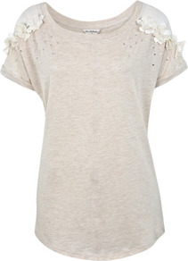 Corsage Raglan Tee - neckline: round neck; sleeve style: raglan; pattern: plain; length: below the bottom; style: t-shirt; bust detail: ruching/gathering/draping/layers/pintuck pleats at bust; secondary colour: ivory; predominant colour: stone; occasions: casual, evening, holiday; fibres: cotton - mix; fit: loose; shoulder detail: added shoulder detail; sleeve length: short sleeve; pattern type: fabric; pattern size: big & light; texture group: jersey - stretchy/drapey; embellishment: corsage
