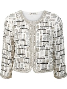 Silver Embellished Jacket - collar: round collar/collarless; length: cropped; style: boxy; secondary colour: white; predominant colour: silver; occasions: evening, occasion; fit: straight cut (boxy); fibres: polyester/polyamide - 100%; sleeve length: 3/4 length; sleeve style: standard; texture group: crepes; collar break: high; pattern type: fabric; pattern size: standard; pattern: patterned/print; embellishment: beading
