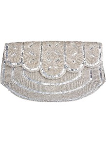 Embellished Scallop Trim Bag - predominant colour: silver; occasions: evening, occasion; type of pattern: light; style: clutch; length: hand carry; size: small; material: fabric; embellishment: beading; finish: plain; pattern: patterned/print