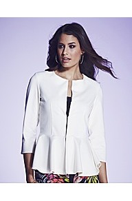 Peplum Jacket - pattern: plain; style: single breasted blazer; collar: round collar/collarless; predominant colour: white; occasions: casual, occasion; length: standard; fit: tailored/fitted; fibres: polyester/polyamide - mix; waist detail: peplum detail at waist; sleeve length: 3/4 length; sleeve style: standard; collar break: high; pattern type: fabric; texture group: other - light to midweight