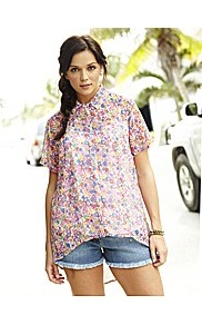 Floral Shirt - neckline: shirt collar/peter pan/zip with opening; style: shirt; occasions: casual, holiday; length: standard; fibres: polyester/polyamide - 100%; fit: loose; back detail: longer hem at back than at front; predominant colour: multicoloured; sleeve length: short sleeve; sleeve style: standard; texture group: sheer fabrics/chiffon/organza etc.; pattern type: fabric; pattern size: small & busy; pattern: florals
