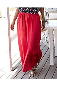 Full Length Pull On Maxi Skirt - pattern: plain; fit: loose/voluminous; waist: high rise; waist detail: twist front waist detail/nipped in at waist on one side/soft pleats/draping/ruching/gathering waist detail; predominant colour: true red; occasions: casual, evening, holiday; length: floor length; style: maxi skirt; fibres: viscose/rayon - 100%; pattern type: fabric; texture group: jersey - stretchy/drapey