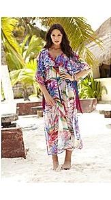 Fringed Kaftan - length: calf length; neckline: low v-neck; sleeve style: angel/waterfall; fit: empire; style: kaftan; fibres: polyester/polyamide - 100%; predominant colour: multicoloured; sleeve length: 3/4 length; texture group: sheer fabrics/chiffon/organza etc.; occasions: holiday; trends: statement prints; pattern type: fabric; pattern size: big & busy; pattern: florals