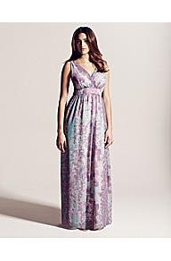 Project D London Queens Print Maxi Dress - neckline: low v-neck; fit: empire; sleeve style: sleeveless; style: maxi dress; predominant colour: lilac; occasions: casual, evening, occasion, holiday; length: floor length; fibres: polyester/polyamide - 100%; hip detail: soft pleats at hip/draping at hip/flared at hip; sleeve length: sleeveless; texture group: sheer fabrics/chiffon/organza etc.; pattern type: fabric; pattern size: small & busy; pattern: florals