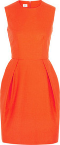 Cotton Crepe Mini Dress - style: shift; length: mid thigh; pattern: plain; sleeve style: sleeveless; predominant colour: bright orange; occasions: evening, occasion; fit: fitted at waist & bust; fibres: cotton - 100%; neckline: crew; hip detail: structured pleats at hip; sleeve length: sleeveless; texture group: cotton feel fabrics; trends: volume; pattern type: fabric