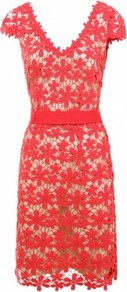 Uk 16 Red - style: shift; neckline: low v-neck; sleeve style: capped; fit: tailored/fitted; waist detail: wide waistband/cummerbund; back detail: low cut/open back; predominant colour: true red; occasions: evening, occasion; length: just above the knee; fibres: polyester/polyamide - mix; sleeve length: short sleeve; texture group: lace; pattern type: fabric; pattern size: big & busy; pattern: florals; embellishment: lace