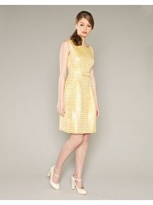 Canary Spot Jacquard Dress - style: shift; neckline: high square neck; fit: tailored/fitted; sleeve style: sleeveless; waist detail: wide waistband/cummerbund; secondary colour: yellow; predominant colour: primrose yellow; occasions: evening, occasion; length: just above the knee; fibres: polyester/polyamide - mix; sleeve length: sleeveless; trends: glamorous day shifts, metallics; pattern type: fabric; pattern size: small & busy; pattern: patterned/print; texture group: brocade/jacquard; embellishment: embroidered