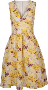 Casablanca Vine Dress - neckline: low v-neck; sleeve style: sleeveless; secondary colour: purple; predominant colour: yellow; occasions: evening, occasion; length: just above the knee; fit: fitted at waist & bust; style: fit & flare; fibres: linen - mix; sleeve length: sleeveless; texture group: linen; trends: high impact florals, volume; pattern type: fabric; pattern size: big & busy; pattern: florals