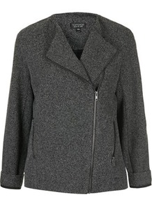 Ponte Biker Jacket - style: biker; collar: asymmetric biker; pattern: herringbone/tweed; secondary colour: white; predominant colour: black; occasions: casual; length: standard; fit: straight cut (boxy); fibres: polyester/polyamide - mix; sleeve length: 3/4 length; sleeve style: standard; collar break: high/illusion of break when open; pattern type: fabric; pattern size: standard; texture group: jersey - stretchy/drapey