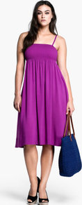 + Dress - sleeve style: spaghetti straps; fit: empire; pattern: plain; style: sundress; predominant colour: purple; length: on the knee; fibres: viscose/rayon - 100%; hip detail: soft pleats at hip/draping at hip/flared at hip; sleeve length: sleeveless; occasions: holiday; neckline: low square neck; pattern type: fabric; texture group: jersey - stretchy/drapey
