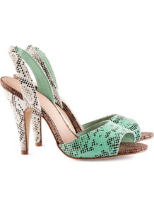 Slingbacks - secondary colour: white; predominant colour: mint green; occasions: evening, work, occasion, holiday; material: faux leather; heel height: high; heel: stiletto; toe: open toe/peeptoe; style: slingbacks; trends: statement prints; finish: plain; pattern: animal print