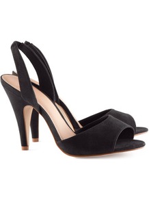 Slingbacks - predominant colour: black; occasions: evening, work, occasion; material: fabric; heel height: high; heel: stiletto; toe: open toe/peeptoe; style: slingbacks; finish: plain; pattern: plain