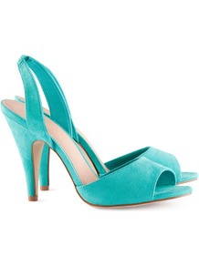 Slingbacks - predominant colour: turquoise; occasions: evening, work, occasion, holiday; material: fabric; heel height: high; heel: stiletto; toe: open toe/peeptoe; style: slingbacks; finish: plain; pattern: plain