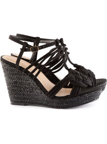 Sandals - predominant colour: black; occasions: casual, evening, work, occasion, holiday; material: fabric; heel height: high; ankle detail: ankle strap; heel: wedge; toe: open toe/peeptoe; style: strappy; finish: plain; pattern: plain