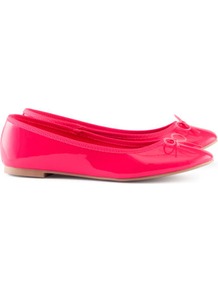 Ballet Pumps - predominant colour: hot pink; occasions: casual, evening, work, holiday; material: faux leather; heel height: flat; toe: round toe; style: ballerinas / pumps; trends: fluorescent; finish: patent; pattern: plain; embellishment: bow