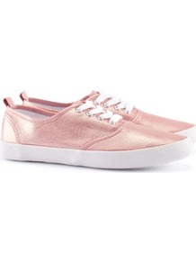 Shoes - secondary colour: white; predominant colour: blush; occasions: casual, holiday; material: fabric; heel height: flat; toe: round toe; style: trainers; trends: metallics; finish: metallic; pattern: plain