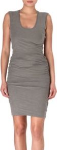 Ruched Dress - sleeve style: wide vest straps; fit: tight; pattern: plain; style: bodycon; waist detail: twist front waist detail/nipped in at waist on one side/soft pleats/draping/ruching/gathering waist detail; predominant colour: mid grey; occasions: casual, evening; length: just above the knee; neckline: scoop; fibres: cotton - stretch; hip detail: ruching/gathering at hip; sleeve length: sleeveless; texture group: jersey - clingy; pattern type: fabric