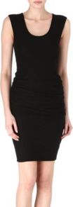 Ruched Dress - sleeve style: wide vest straps; fit: tight; pattern: plain; style: bodycon; waist detail: fitted waist; predominant colour: black; occasions: casual, evening; length: just above the knee; neckline: scoop; fibres: cotton - stretch; hip detail: ruching/gathering at hip; sleeve length: sleeveless; texture group: jersey - clingy; pattern type: fabric