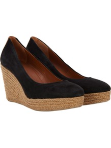 Black Suede Espadrilles - secondary colour: camel; predominant colour: black; occasions: casual, work, holiday; material: suede; heel height: high; heel: wedge; toe: round toe; style: courts; finish: plain; pattern: plain