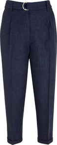 Indigo Cropped Peg Trousers - pattern: plain; style: peg leg; waist: high rise; waist detail: belted waist/tie at waist/drawstring; predominant colour: navy; occasions: casual; length: ankle length; fibres: linen - 100%; jeans & bottoms detail: turn ups; texture group: linen; fit: tapered; pattern type: fabric