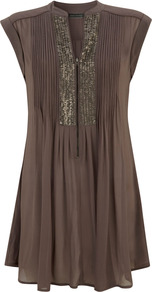 Mocha Sequin Yoke Tunic - neckline: v-neck; pattern: plain; sleeve style: sleeveless; bust detail: added detail/embellishment at bust; length: below the bottom; style: tunic; predominant colour: chocolate brown; secondary colour: gold; occasions: casual; fibres: viscose/rayon - 100%; fit: loose; sleeve length: sleeveless; pattern type: fabric; texture group: jersey - stretchy/drapey; embellishment: sequins
