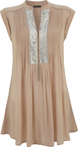 Honey Sequin Yoke Tunic - neckline: v-neck; pattern: plain; sleeve style: sleeveless; bust detail: added detail/embellishment at bust; length: below the bottom; style: tunic; waist detail: twist front waist detail/nipped in at waist on one side/soft pleats/draping/ruching/gathering waist detail; predominant colour: stone; secondary colour: silver; occasions: casual, evening, work, holiday; fibres: viscose/rayon - 100%; fit: straight cut; hip detail: soft pleats at hip/draping at hip/flared at hip; shoulder detail: discreet epaulette; sleeve length: sleeveless; trends: metallics; pattern type: fabric; texture group: jersey - stretchy/drapey; embellishment: sequins