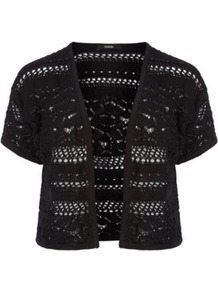 Crochet Shrug Black - style: bolero/shrug; length: cropped; neckline: collarless open; predominant colour: black; occasions: casual, work; fibres: cotton - 100%; fit: standard fit; sleeve length: short sleeve; sleeve style: standard; texture group: knits/crochet; pattern type: knitted - other; pattern size: standard; pattern: patterned/print