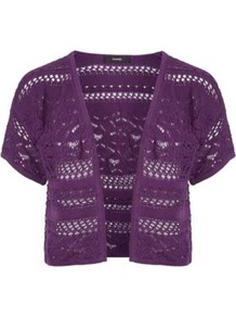 Crochet Shrug Blackcurrant - style: bolero/shrug; length: cropped; neckline: collarless open; predominant colour: aubergine; occasions: casual, evening, work, occasion, holiday; fibres: cotton - 100%; fit: standard fit; bust detail: contrast pattern/fabric/detail at bust; sleeve length: short sleeve; sleeve style: standard; texture group: knits/crochet; pattern type: knitted - other; pattern size: standard; pattern: patterned/print