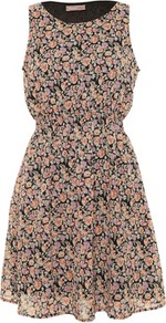 Floral Print Jessica Shirred Waist Dress - style: tea dress; length: mid thigh; fit: fitted at waist; sleeve style: sleeveless; waist detail: fitted waist; predominant colour: nude; secondary colour: black; occasions: casual; fibres: polyester/polyamide - 100%; neckline: crew; sleeve length: sleeveless; texture group: sheer fabrics/chiffon/organza etc.; pattern type: fabric; pattern size: small & busy; pattern: florals