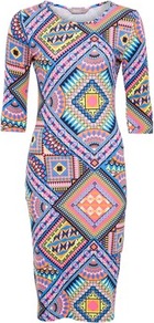 Multi Print Sophia Dress - style: shift; neckline: round neck; fit: tight; predominant colour: lilac; secondary colour: nude; occasions: casual, evening; length: just above the knee; fibres: viscose/rayon - stretch; sleeve length: 3/4 length; sleeve style: standard; texture group: jersey - clingy; pattern type: fabric; pattern size: big & busy; pattern: patterned/print