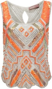 Cream Sequin Beaded Cami - sleeve style: wide vest straps; style: vest top; secondary colour: bright orange; predominant colour: light grey; occasions: evening, occasion; length: standard; neckline: scoop; fibres: polyester/polyamide - 100%; fit: straight cut; back detail: keyhole/peephole detail at back; sleeve length: sleeveless; texture group: sheer fabrics/chiffon/organza etc.; pattern type: fabric; pattern size: small & busy; pattern: patterned/print; embellishment: sequins