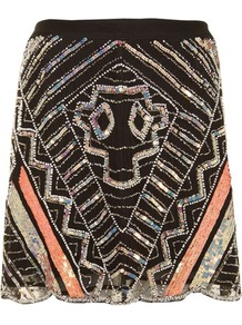 Black Sequin Beaded Mini - length: mid thigh; fit: loose/voluminous; waist: high rise; secondary colour: gold; predominant colour: black; occasions: evening, occasion; style: a-line; fibres: polyester/polyamide - 100%; hip detail: added detail/embellishment at hip; waist detail: narrow waistband; texture group: sheer fabrics/chiffon/organza etc.; trends: modern geometrics; pattern type: fabric; pattern size: small & busy; pattern: patterned/print; embellishment: sequins