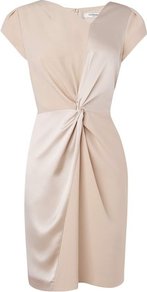 Edna Knot Front Dress Brown Soft Biscuit - style: shift; sleeve style: capped; fit: tailored/fitted; pattern: plain; neckline: asymmetric; waist detail: twist front waist detail/nipped in at waist on one side/soft pleats/draping/ruching/gathering waist detail; predominant colour: ivory; occasions: evening, work, occasion; length: just above the knee; sleeve length: short sleeve; pattern type: fabric; texture group: jersey - stretchy/drapey; fibres: viscose/rayon - mix