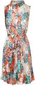 Flo Printed Shift Dress Multi - style: shift; neckline: shirt collar/peter pan/zip with opening; fit: fitted at waist; sleeve style: sleeveless; waist detail: belted waist/tie at waist/drawstring; bust detail: buttons at bust (in middle at breastbone)/zip detail at bust; secondary colour: pale blue; length: just above the knee; fibres: polyester/polyamide - 100%; occasions: occasion, holiday; hip detail: structured pleats at hip; predominant colour: multicoloured; sleeve length: sleeveless; texture group: sheer fabrics/chiffon/organza etc.; pattern type: fabric; pattern size: big & busy; pattern: patterned/print
