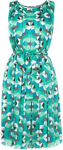 Kaysa Silk Satin Dress Green Soft Jade - style: shift; neckline: round neck; fit: fitted at waist; sleeve style: sleeveless; waist detail: twist front waist detail/nipped in at waist on one side/soft pleats/draping/ruching/gathering waist detail; bust detail: ruching/gathering/draping/layers/pintuck pleats at bust; secondary colour: navy; predominant colour: mint green; occasions: evening, work, occasion; length: just above the knee; fibres: silk - 100%; hip detail: sculpting darts/pleats/seams at hip; shoulder detail: flat/draping pleats/ruching/gathering at shoulder; sleeve length: sleeveless; texture group: silky - light; trends: modern geometrics; pattern type: fabric; pattern size: big & busy; pattern: patterned/print