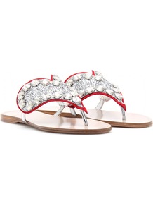 Leather Sandals With Embellished Heart - secondary colour: true red; predominant colour: silver; occasions: casual, holiday; material: fabric; heel height: flat; embellishment: crystals; heel: standard; toe: toe thongs; style: flip flops / toe post; finish: metallic; pattern: plain