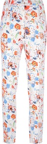 Flower Print Trouser - length: standard; pocket detail: small back pockets; waist: mid/regular rise; secondary colour: bright orange; occasions: casual, evening, occasion, holiday; fibres: viscose/rayon - stretch; predominant colour: multicoloured; trends: high impact florals; fit: slim leg; pattern type: fabric; pattern size: standard; pattern: florals; texture group: woven light midweight; style: standard