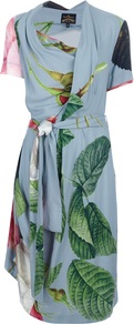 'Daisy' Dress - neckline: cowl/draped neck; waist detail: belted waist/tie at waist/drawstring; predominant colour: pale blue; secondary colour: dark green; occasions: evening; length: just above the knee; fit: body skimming; style: asymmetric (hem); fibres: viscose/rayon - 100%; hip detail: soft pleats at hip/draping at hip/flared at hip; sleeve length: short sleeve; sleeve style: standard; texture group: sheer fabrics/chiffon/organza etc.; pattern type: fabric; pattern size: big & busy; pattern: florals