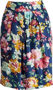 Sunbird Floral Elisa Skirt, Navy Floral - style: tulip; fit: body skimming; waist detail: wide waistband/cummerbund; waist: high rise; predominant colour: navy; secondary colour: yellow; occasions: casual, evening, work, holiday; length: just above the knee; fibres: viscose/rayon - 100%; hip detail: structured pleats at hip; texture group: cotton feel fabrics; trends: high impact florals; pattern type: fabric; pattern size: big & busy; pattern: florals