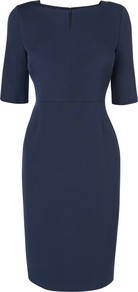 Fitted Dress, Navy - style: shift; neckline: round neck; fit: tailored/fitted; pattern: plain; waist detail: fitted waist; predominant colour: navy; occasions: evening, work, occasion; length: just above the knee; fibres: viscose/rayon - stretch; sleeve length: half sleeve; sleeve style: standard; texture group: crepes; pattern type: fabric