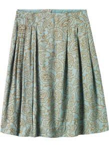 Marlo Floral Jacquard Skirt - fit: loose/voluminous; style: pleated; waist: mid/regular rise; predominant colour: turquoise; occasions: evening, work; length: just above the knee; fibres: viscose/rayon - 100%; hip detail: structured pleats at hip; pattern type: fabric; pattern size: small & busy; pattern: florals; texture group: brocade/jacquard