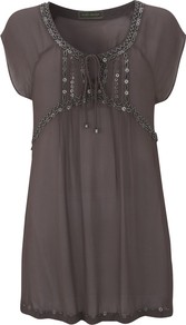 Beaded Tunic Top - neckline: round neck; sleeve style: dolman/batwing; pattern: plain; bust detail: added detail/embellishment at bust; length: below the bottom; style: tunic; predominant colour: mid grey; occasions: casual, holiday; fibres: viscose/rayon - 100%; fit: loose; sleeve length: short sleeve; pattern type: fabric; texture group: jersey - stretchy/drapey; embellishment: beading